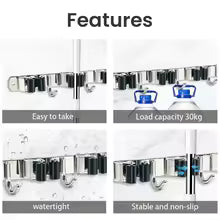 4-Hook Adhesive Broom Mop Organizer Stainless Steel Wall-Mounted Non-Slip Rack Storage Solution for Home Kitchen Garden Laundry