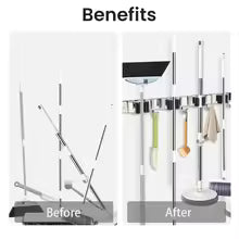 4-Hook Adhesive Broom Mop Organizer Stainless Steel Wall-Mounted Non-Slip Rack Storage Solution for Home Kitchen Garden Laundry