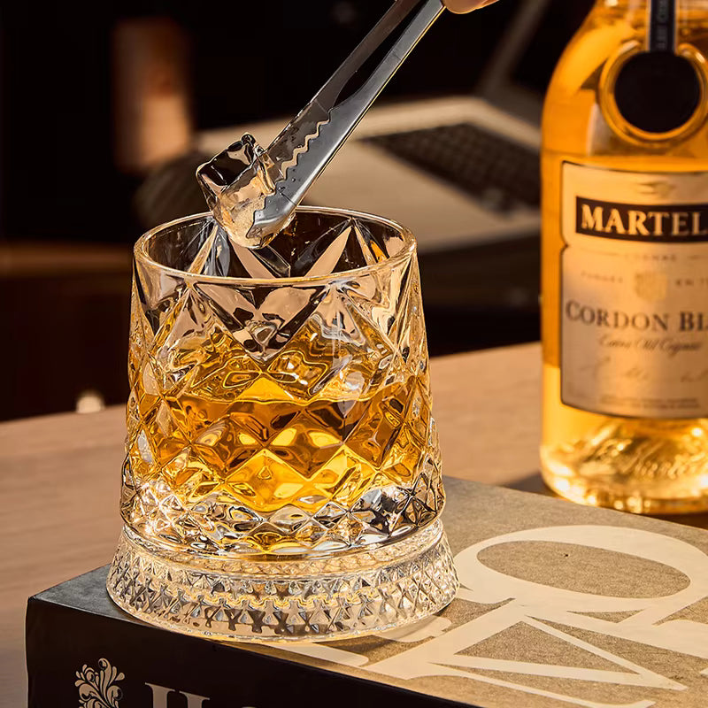 New Whiskey Glasses Rotating Whisky Glass with Glass Base 360 Rotate Degrees Crystal Rum Glass for Cocktail Party Drinking