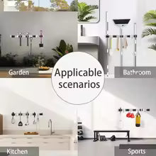 4-Hook Adhesive Broom Mop Organizer Stainless Steel Wall-Mounted Non-Slip Rack Storage Solution for Home Kitchen Garden Laundry